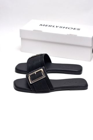 Dép Nữ Quai Ngang Bệt Mũi Vuông Đính  Khóa Da Mềm Chống Xước Bigsize 35-43 Merly 1624 Đen Vân