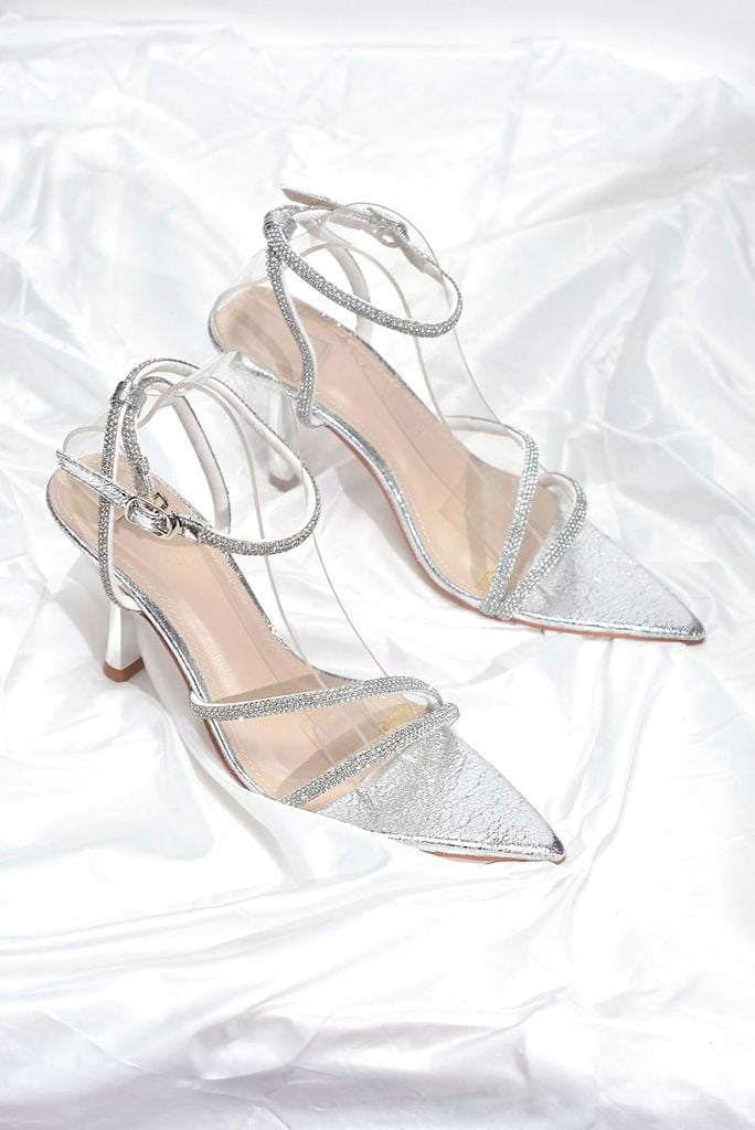 Giày Sandal Mũi Nhọn Dây Đá Gót Nhọn 9cm Đi Tiệc Sang Chảnh Merly 1625 Bạc Vân, Giày Cao Gót Đi Tiệc Big Size 35-43