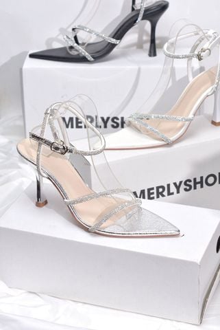Giày Sandal Mũi Nhọn Dây Đá Gót Nhọn 9cm Đi Tiệc Sang Chảnh Merly 1625 Bạc Vân, Giày Cao Gót Đi Tiệc Big Size 35-43