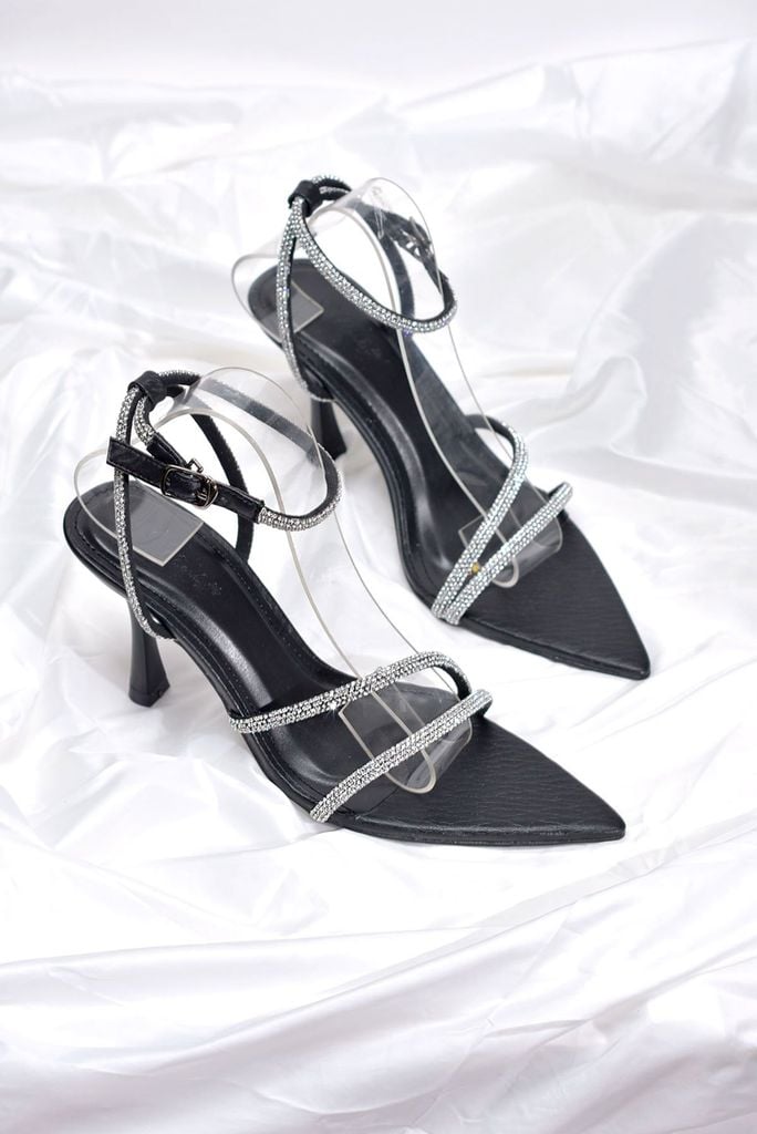 Giày Sandal Mũi Nhọn Dây Đá Gót Nhọn 9cm Đi Tiệc Sang Chảnh Merly 1625 Đen Sóng, Giày Cao Gót Đi Tiệc Big Size 35-43