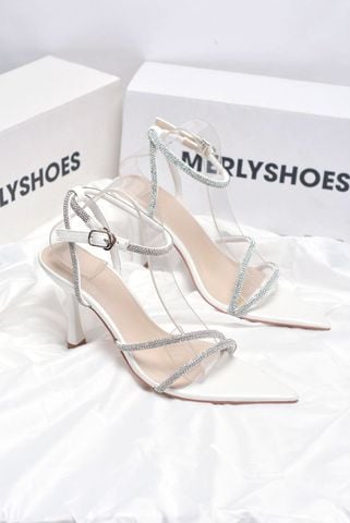 Giày Sandal Mũi Nhọn Dây Đá Gót Nhọn 9cm Đi Tiệc Sang Chảnh Merly 1625 Trắng Sóng, Giày Cao Gót Đi Tiệc Big Size 35-43, Giày Cưới Cô Dâu, Giày Nữ Trắng