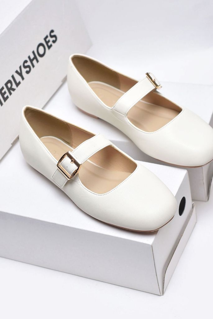 [PHOM TO] Giày Búp Bê Quai Ngang Mary Jane Bệt Merly 1629 Trắng Hạt Dẻ Gân Vải Sang Bigsize 35-43, Giày Búp Bê Nữ, Giày Bệt Nữ