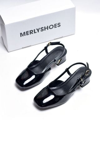 Giày Bít Mũi Gót Thấp 3cm Hở Gót Mũi Vuông Slingback Merly 1630 Đen, Giày Đế Thấp Big Size 35-43, Giày Công Sở Nữ