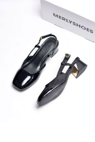 Giày Bít Mũi Gót Thấp 3cm Hở Gót Mũi Vuông Slingback Merly 1630 Đen, Giày Đế Thấp Big Size 35-43, Giày Công Sở Nữ