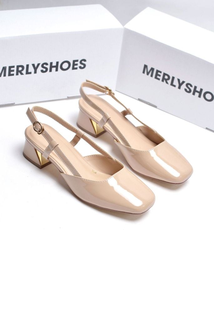 [Restock 35-43] Giày Bít Mũi Thấp 3cm Hở Gót Merly 1630 Nude, Giày Big Size Nữ, Giày Công Sở Nữ, Giày Slingback