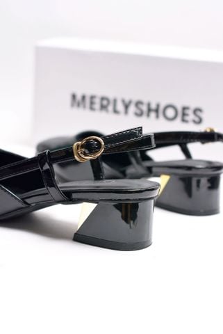 Giày Bít Mũi Gót Thấp 3cm Hở Gót Mũi Vuông Slingback Merly 1630 Đen, Giày Đế Thấp Big Size 35-43, Giày Công Sở Nữ