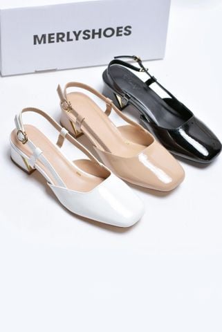 Giày Bít Mũi Thấp 3cm Hở Gót Mũi Vuông Slingback Merly 1630 Trắng, Giày Đế Thấp Big Size 35-43, Giày Công Sở Nữ