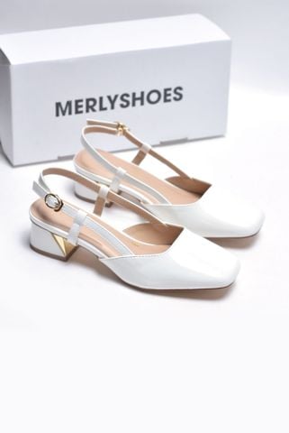 Giày Bít Mũi Thấp 3cm Hở Gót Mũi Vuông Slingback Merly 1630 Trắng, Giày Đế Thấp Big Size 35-43, Giày Công Sở Nữ