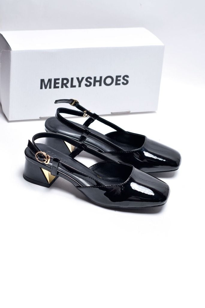 Giày Bít Mũi Gót Thấp 3cm Hở Gót Mũi Vuông Slingback Merly 1630 Đen, Giày Đế Thấp Big Size 35-43, Giày Công Sở Nữ