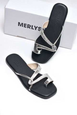 Dép Xỏ Ngón Da Cao Cấp Mũi Vuông Dây Mảnh Merly 1631 Bạc x Đen, Dép Lê Nữ, Dép Nữ Big Size 35-43