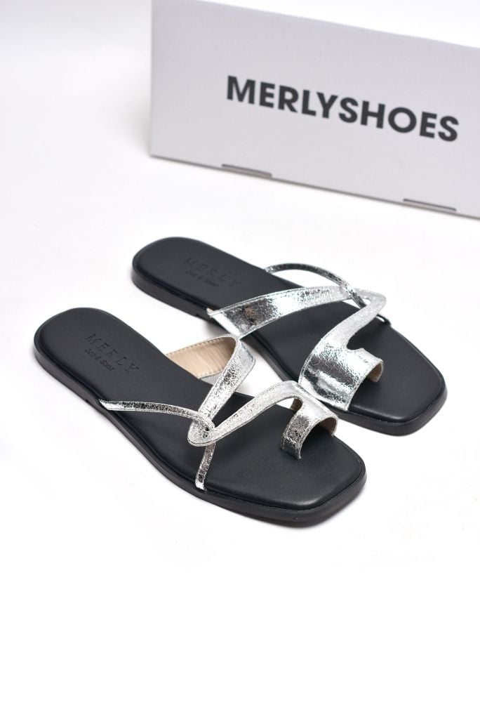 Dép Xỏ Ngón Da Cao Cấp Mũi Vuông Dây Mảnh Merly 1631 Bạc x Đen, Dép Lê Nữ, Dép Nữ Big Size 35-43