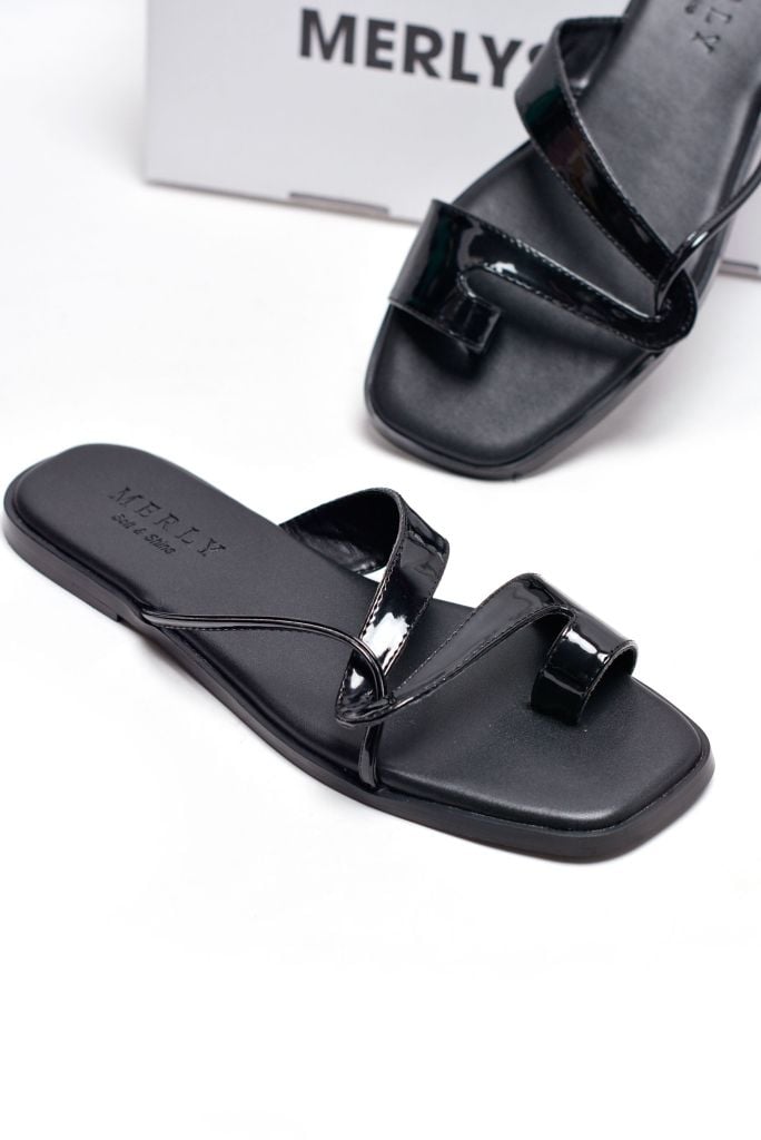 Dép Xỏ Ngón Da Cao Cấp Mũi Vuông Dây Mảnh Màu Đen Merly 1631, Dép Lê Nữ, Dép Nữ Big Size 35-43