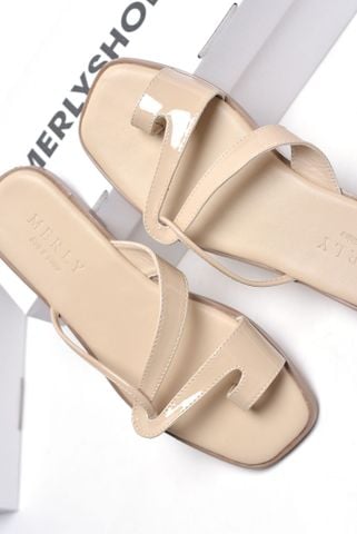Dép Xỏ Ngón Da Cao Cấp Mũi Vuông Dây Mảnh Màu Kem Merly 1631 Nude