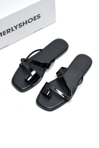 Dép Xỏ Ngón Da Cao Cấp Mũi Vuông Dây Mảnh Màu Đen Merly 1631