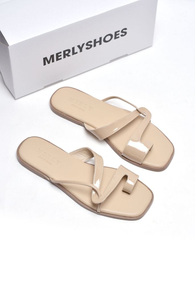 Dép Xỏ Ngón Da Cao Cấp Mũi Vuông Dây Mảnh Màu Kem Merly 1631 Nude, Dép Lê Nữ, Dép Nữ Big Size 35-43