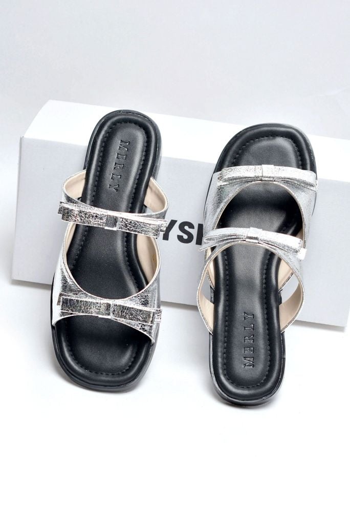 Dép Lê Nữ Hai Quai Mảnh Nơ Ngang Merly 1632 Bạc x Đen, Dép Nữ Big Size 35-43, Dép Bệt Nữ, Dép Nữ Mũi Vuông
