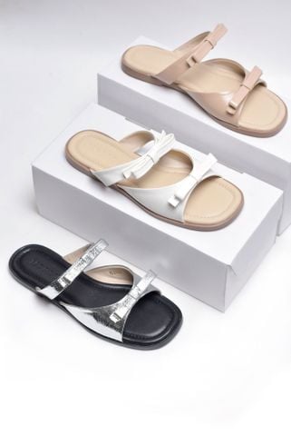 Dép Nữ Trắng Hai Quai Mảnh Nơ Ngang Merly 1632 Trắng x Kem, Dép Nữ Big Size 35-43, Dép Bệt Nữ, Dép Nữ Mũi Vuông Dễ Thương