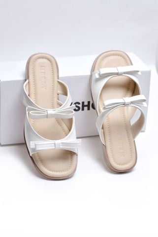Dép Nữ Trắng Hai Quai Mảnh Nơ Ngang Merly 1632 Trắng x Kem, Dép Nữ Big Size 35-43, Dép Bệt Nữ, Dép Nữ Mũi Vuông Dễ Thương