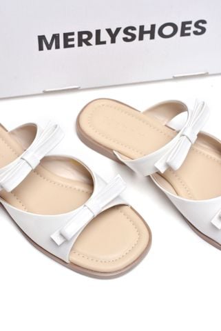 Dép Nữ Trắng Hai Quai Mảnh Nơ Ngang Merly 1632 Trắng x Kem, Dép Nữ Big Size 35-43, Dép Bệt Nữ, Dép Nữ Mũi Vuông Dễ Thương
