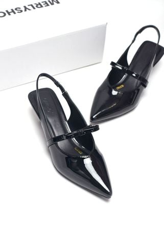 Giày Cao Gót Đen Mũi Nhọn Quai Ngang Đính Nơ Đế Nhọn 3cm Merly 1602 Đen Bóng, Giày Cao Gót Big Size, Giày Cao Gót Slingback Hở Gót, Giày Đế Thấp 3p, Giày Công Sở Nữ Êm Chân