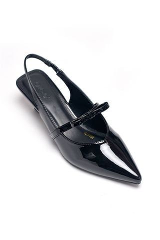 Giày Cao Gót Đen Mũi Nhọn Quai Ngang Đính Nơ Đế Nhọn 3cm Merly 1602 Đen Bóng, Giày Cao Gót Big Size, Giày Cao Gót Slingback Hở Gót, Giày Đế Thấp 3p, Giày Công Sở Nữ Êm Chân