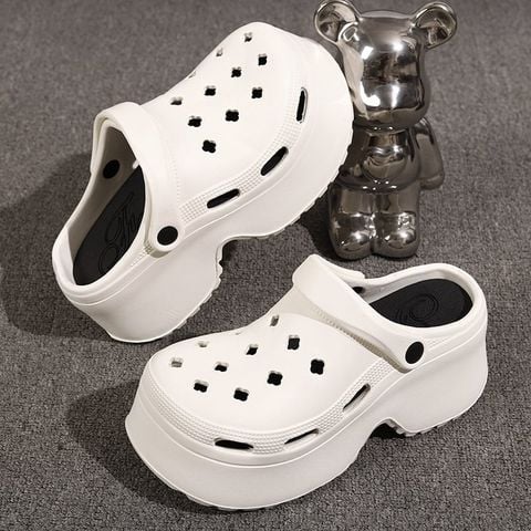 Dép Sục Nữ Đế Bánh Mì 7cm Tăng Chiều Cao Dễ Thương Nhựa Eva 1609N Trắng/Đen Size 36-41, Dép Crocs Gắn Charm Dễ Thương, Chống Trượt, Nhẹ Êm