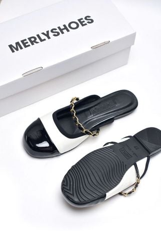 Giày Sục Nữ Quai Ngang Xích Mũi Tròn Merly 1589 Trắng Mũi Đen 35-43, Giày Búp Bê Có Quai Ngang Đế Cao Su Chống Trơn, Giày Mũi Vuông, Giày Bệt Nữ, Giày Dép Nữ Big Size, Giày Búp Bê Nữ