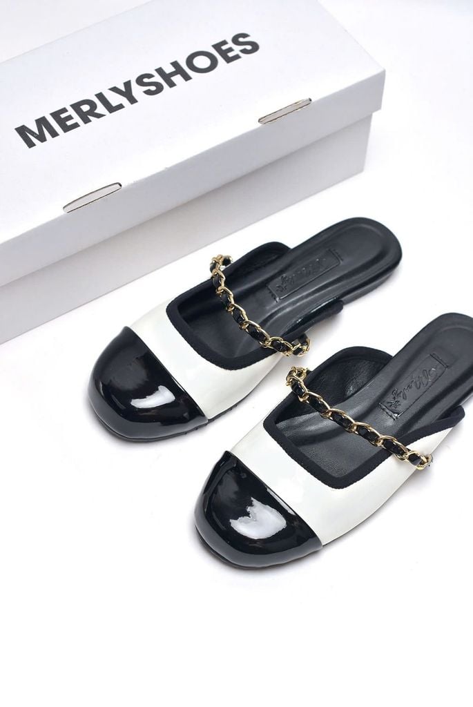 [Best Seller] Giày Sục Nữ Quai Ngang Xích Mũi Tròn Merly 1589 Trắng Mũi Đen 35-43, Giày Búp Bê Có Quai Ngang Đế Cao Su Chống Trơn, Giày Mũi Vuông, Giày Bệt Nữ, Giày Dép Nữ Big Size, Giày Búp Bê Nữ