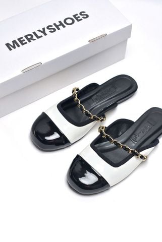 Giày Sục Nữ Quai Ngang Xích Mũi Tròn Merly 1589 Trắng Mũi Đen 35-43, Giày Búp Bê Có Quai Ngang Đế Cao Su Chống Trơn, Giày Mũi Vuông, Giày Bệt Nữ, Giày Dép Nữ Big Size, Giày Búp Bê Nữ