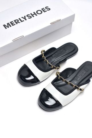 Giày Sục Nữ Quai Ngang Trắng Đen Xích Vàng CK Cao Cấp Trắng Đen, Dép Nữ Big Size, Giày Sục Bệt Big Size