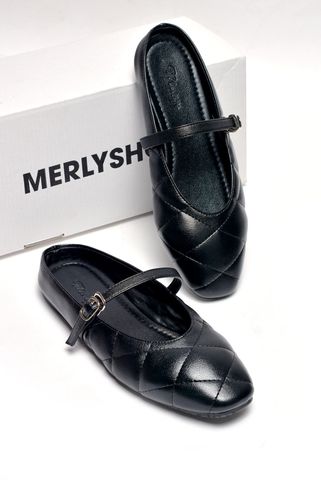 [Restock 35-43] Giày Sục Nữ Giày Búp Bê Quai Ngang Mũi Vuông Chần Chỉ Trám Merly 1584 Đen, Giày Bệt Nữ Bít Mũi Đế Cao Su Chống Trơn, Giày Dép Nữ Big Size