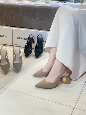 Giày Cao Gót Slingback Đế Vuông 6-7cm Mũi Nhọn Thon Chân, Giày Bít Mũi Có Quai Hậu Hở Gót 35-43, Giày Công Sở Nữ, Giày Cao Gót Big Size, Thương Hiệu Merly 1490 Nâu Vân Sang Trọng