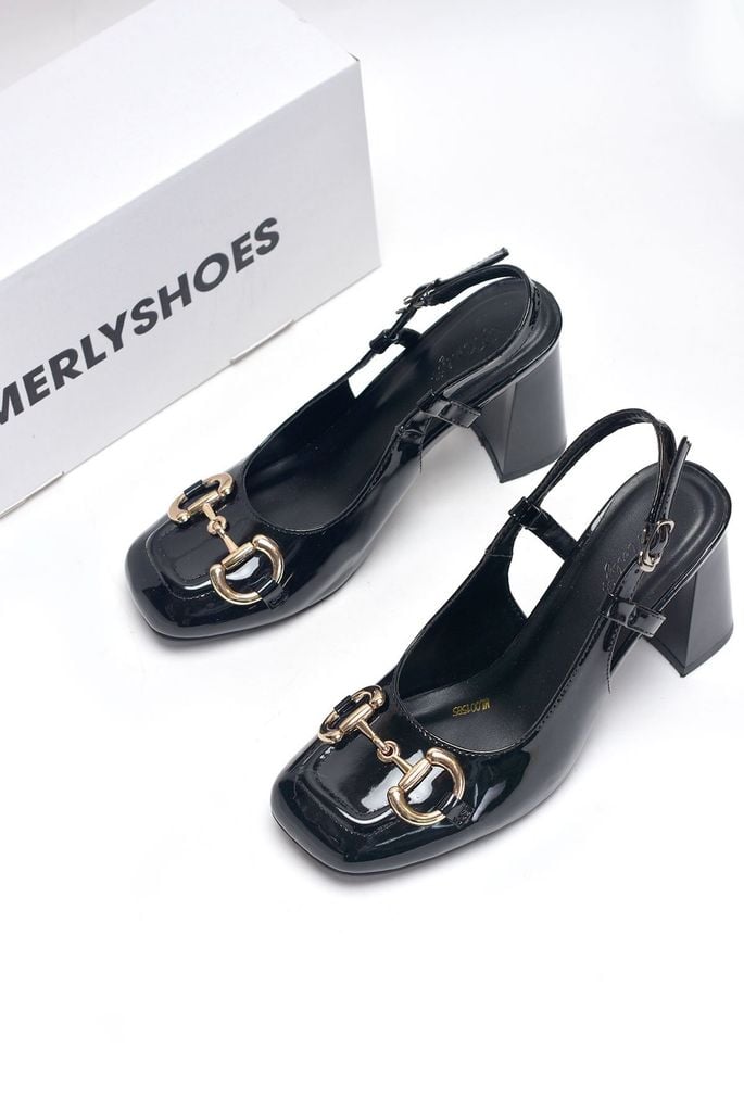 [Best Seller] Giày Cao Gót Đen Bóng Merly 1585-7P Mũi Vuông Khóa GC Đế Vuông 7cm Big Size 35-43, Slingback, Giày Đi Tiệc, Giày Công Sở Nữ