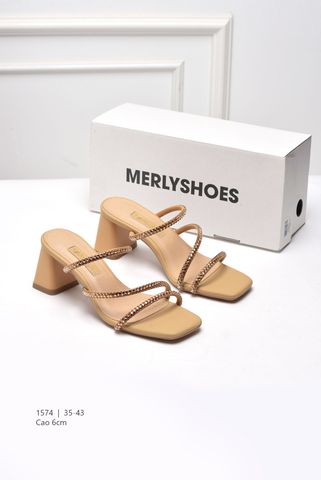 Dép Guốc Cao Gót Đế Vuông 6cm Dây Đính Đá Merly 1574 Màu Be Vàng x Đính Đá Nâu Tây, Giày Dép Sandal Đi Tiệc Big Size 35 - 43