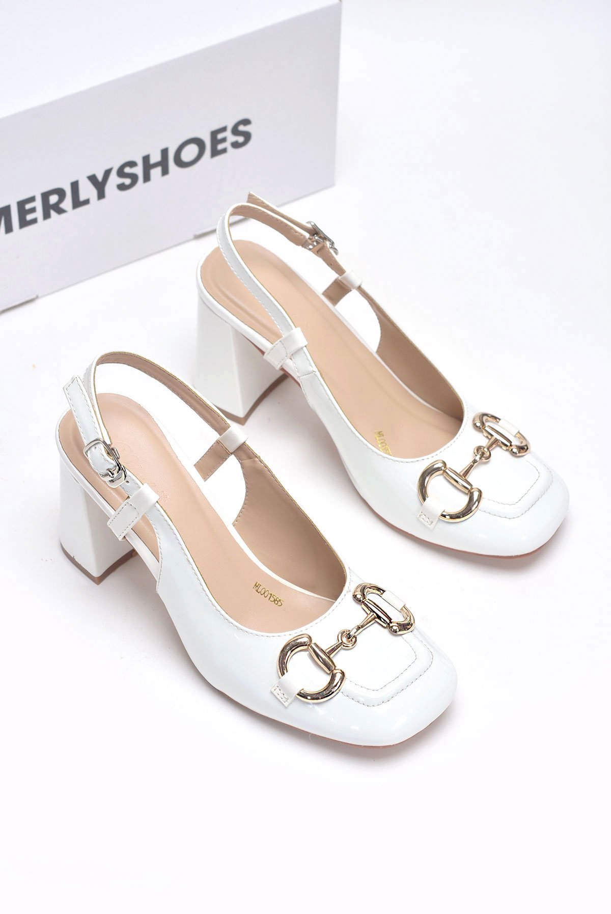Giày Cao Gót Trắng Bóng Merly 1585-7P Mũi Vuông Khóa GC Đế Vuông 7cm Big Size 35-43, Slingback, Giày Đi Tiệc, Giày Công Sở Nữ