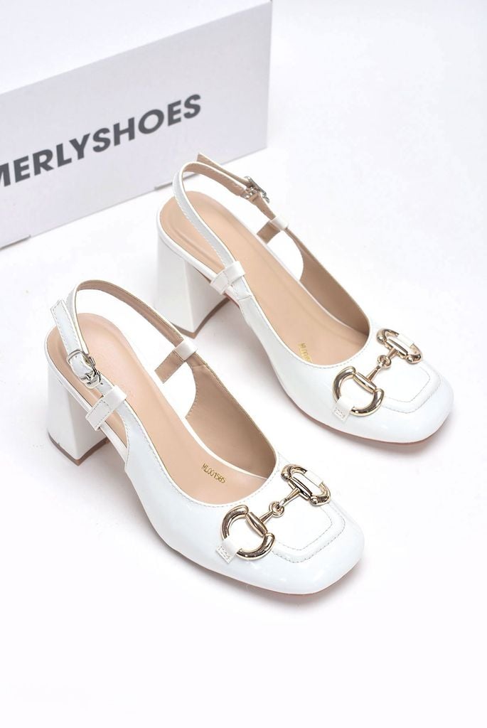 [Best Seller] Giày Cao Gót Trắng Bóng Merly 1585 Mũi Vuông Khóa GC Đế Vuông 7cm Big Size 35-43, Slingback, Giày Đi Tiệc, Giày Công Sở Nữ