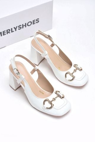 Giày Cao Gót Mũi Vuông Khóa Gucci Sang Chảnh Merly 1585 Trắng Bóng Bigsize