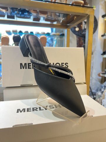 Giày Sục Cao Gót Big Size Mũi Nhọn Đen Mờ Da Cao Cấp [35 - 43] Merly 1549, Giày Dép Big Size Nữ, Cao Gót Đế Vuông 3cm, Giày Công Sở Nữ, Dép Sục Nữ