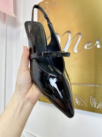 Giày Cao Gót Đen Mũi Nhọn Quai Ngang Đính Nơ Đế Nhọn 3cm Merly 1602 Đen Bóng, Giày Cao Gót Big Size, Giày Cao Gót Slingback Hở Gót, Giày Đế Thấp 3p, Giày Công Sở Nữ Êm Chân