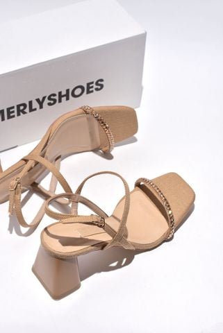 Giày Sandals Dây Mảnh Đính Đá Đi Tiệc Cao Gót Đế Vuông 6cm Màu Nâu Vintage Merly 1404 Nâu, Giày Cao Gót Big Size, Xăng Đan Cao Gót Đi Tiệc Nữ