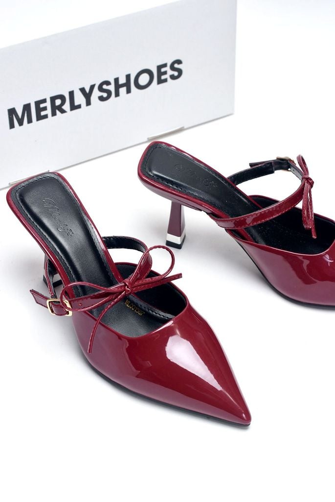 Giày Sục Cao Gót Mũi Nhọn Quai Ngang Buộc Nơ Rời Gót Nhọn 7cm Merly 1587 Đỏ Big Size 35-43, Giày Cao Gót Màu Đỏ, Giày Đi Tiệc, Giày Mặc Áo Dài, Dép Cao Gót Bít Mũi