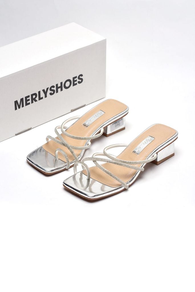 Guốc Cao Gót Đế Vuông 3cm Dây Mảnh Đính Đá [ 35 - 43 ] Dép Xỏ Ngón, Dép Màu Bạc, Dép Sandal Nữ, Dép Big Size Nữ Merly 1557 Bạc Metallic