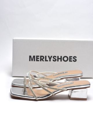 Guốc Cao Gót Đế Vuông 3cm Dây Mảnh Đính Đá [ 35 - 43 ] Dép Xỏ Ngón, Dép Màu Bạc, Dép Sandal Nữ, Dép Big Size Nữ Merly 1557 Bạc Metallic