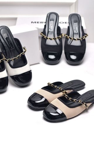 Giày Sục Nữ Quai Ngang Kem Đen Xích Vàng CK Kem Phối Đen, Dép Sục Nữ Big Size