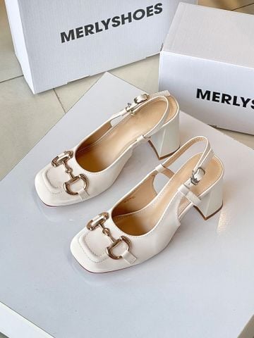 Giày Cao Gót Đế Vuông 7cm Merly 1585-7P Trắng Ngà Microfiber, Mũi Vuông Khóa GC Da Cao Cấp Mềm Mát Chống Bám Bẩn Cao, Giày Cao Gót Slingback Big Size 35-43, Giày Công Sở Nữ, Giày Đi Dự Sự Kiện