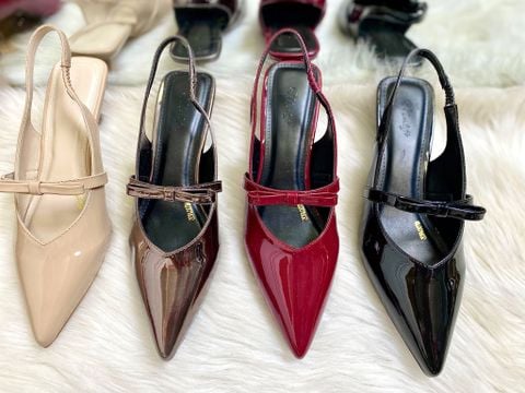 Giày Cao Gót Đỏ Slingback 3cm Mũi Nhọn Quai Ngang Đính Nơ Merly 1602 Đỏ Bóng, Giày Cao Gót Big Size, Giày Bít Mũi Hở Gót, Giày Đi Tiệc, Giày Đế Thấp 3p, Giày Nữ Tết 2025