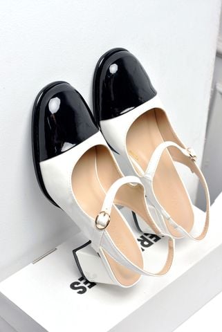 [Restock] Giày Búp Bê Cao Gót Có Quai Ngang Đế Vuông 5cm Merly 1537 Trắng Đen, Giày Mary Jane, Giày Cao Gót Big Size, Giày Cao Gót Big Size, Slingback, Giày Mũi Vuông