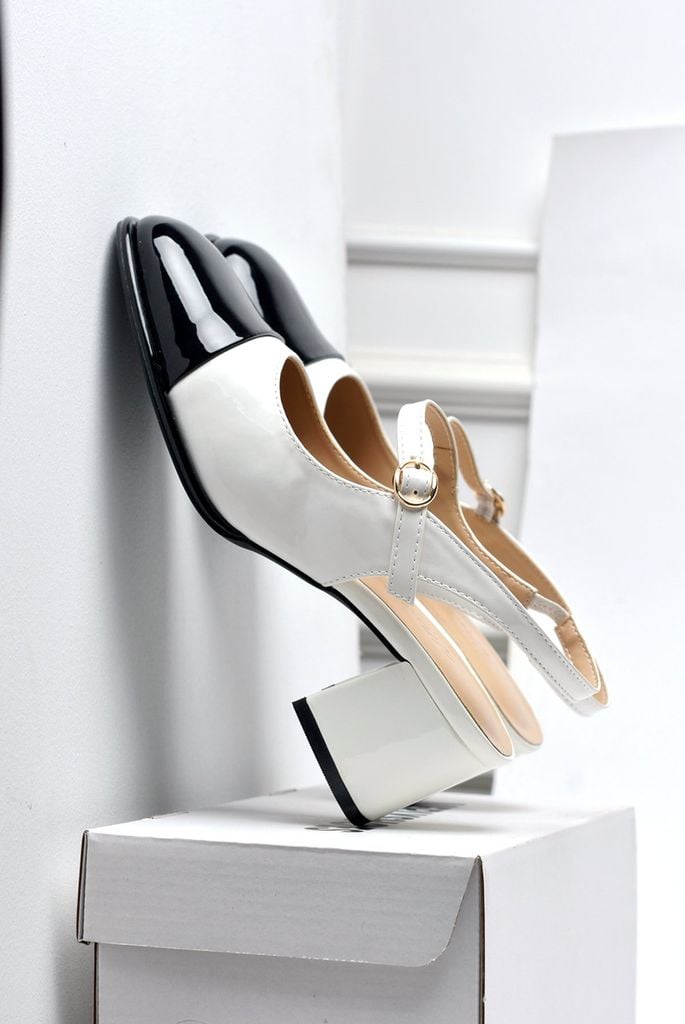 [Restock] Giày Búp Bê Cao Gót Có Quai Ngang Đế Vuông 5cm Merly 1537 Trắng Đen, Giày Mary Jane, Giày Cao Gót Big Size, Giày Cao Gót Big Size, Slingback, Giày Mũi Vuông