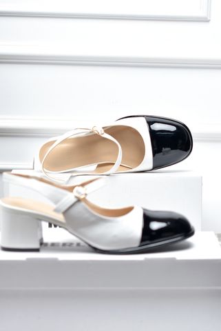 [Restock] Giày Búp Bê Cao Gót Có Quai Ngang Đế Vuông 5cm Merly 1537 Trắng Đen, Giày Mary Jane, Giày Cao Gót Big Size, Giày Cao Gót Big Size, Slingback, Giày Mũi Vuông