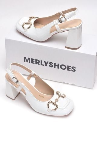 [Best Seller] Giày Cao Gót Trắng Bóng Merly 1585-7P Mũi Vuông Khóa GC Đế Vuông 7cm Big Size 35-43, Slingback, Giày Đi Tiệc, Giày Công Sở Nữ